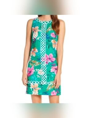 Eliza J Floral Green & Pink Coastal Shift Mini Dress Embroidered Accents sz 12